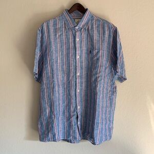 Johnnie-O 100% Linen Shirt Blue Red Stripe Hangin’ Out Short Sleeve Size XL